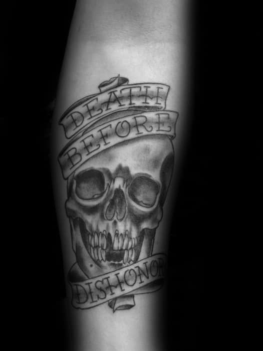 Inner Forearm Death Before Dishonor Skull Guys Tattoo Ideas