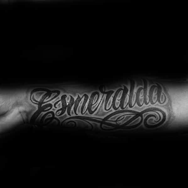 Inner Forearm Decorative Script Lettering Male Name Tattoo Designs
