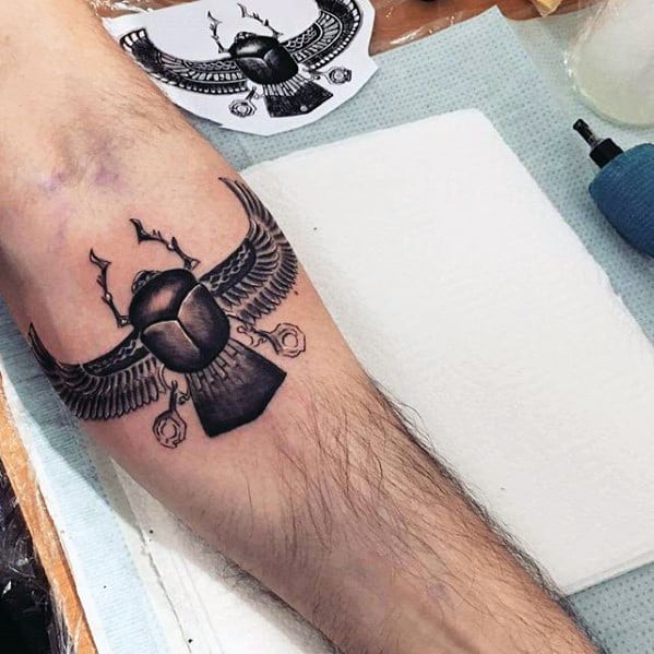 inner forearm detailed male scarab bettle tattoo designs