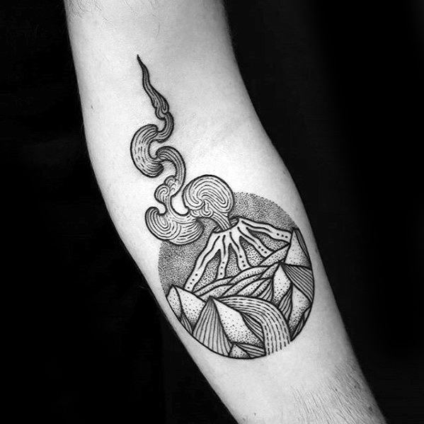 Inner Forearm Detailed Male With Cool Volcano Tattoo Design