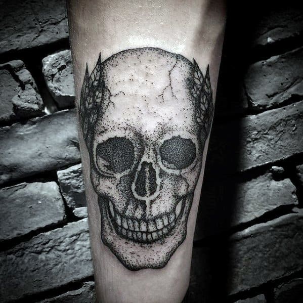 Inner Forearm Dotwork Skull Laurel Wreath Guys Tattoo Designs