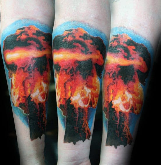 Inner Forearm Fire Mushroom Cloud Mens Tattoo Ideas