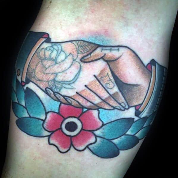 Inner Forearm Flower Handshake Tattoo Ideas For Males