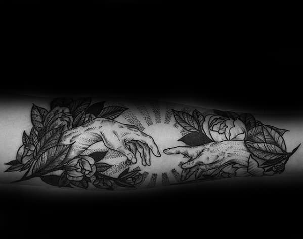 Inner Forearm Flowers With Sun Rays The Creation Of Adam Mens Tattoo Ideas