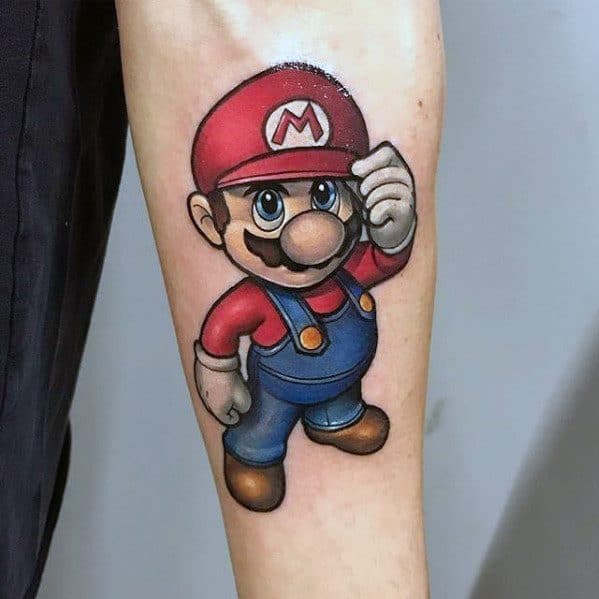 Vibrant and detailed Mario tattoo with bold shading and rich colors, featuring him tipping his hat in a confident, classic gaming pose.