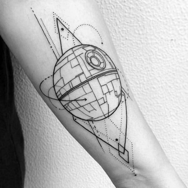 Death Star-inspired geometric tattoo of a spherical sci-fi structure on an arm, with lines and dots