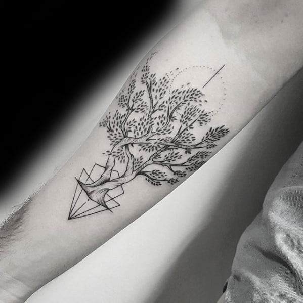 Inner Forearm Geometric Masculine Olive Tree Tattoos For Men