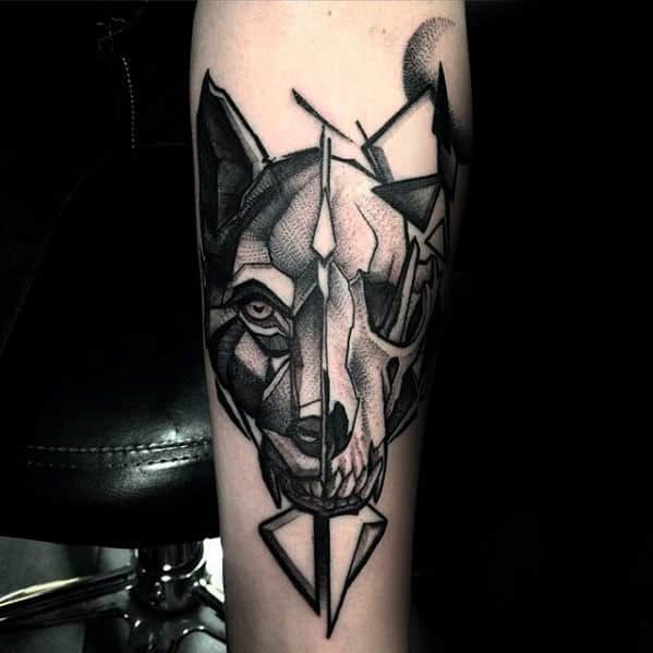 Inner Forearm Geometric Wolf Animal Skull Tattoo For Men