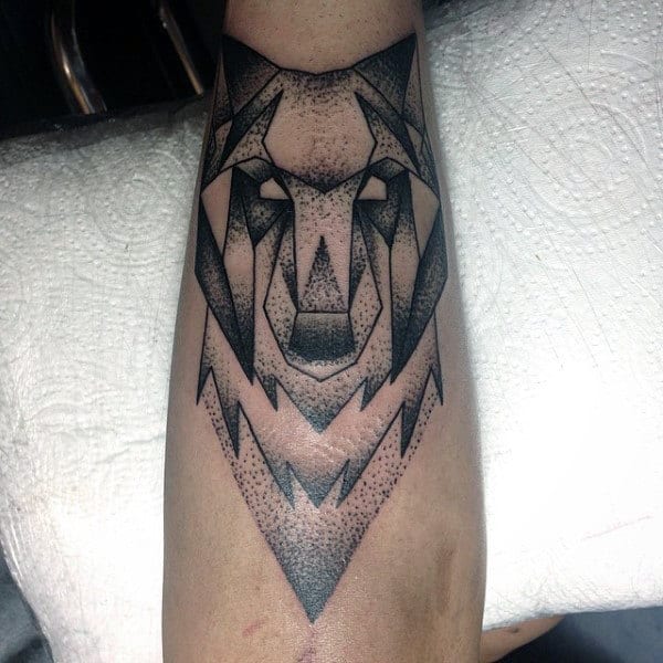 Inner Forearm Geometric Wolf Tattoo On Male With Dotwork Art