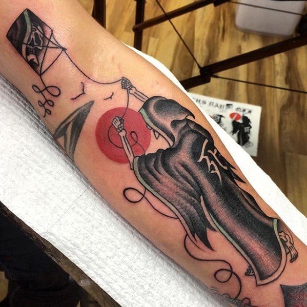 Inner Forearm Grim Reaper Flying Kite Tattoo Ideas For Males