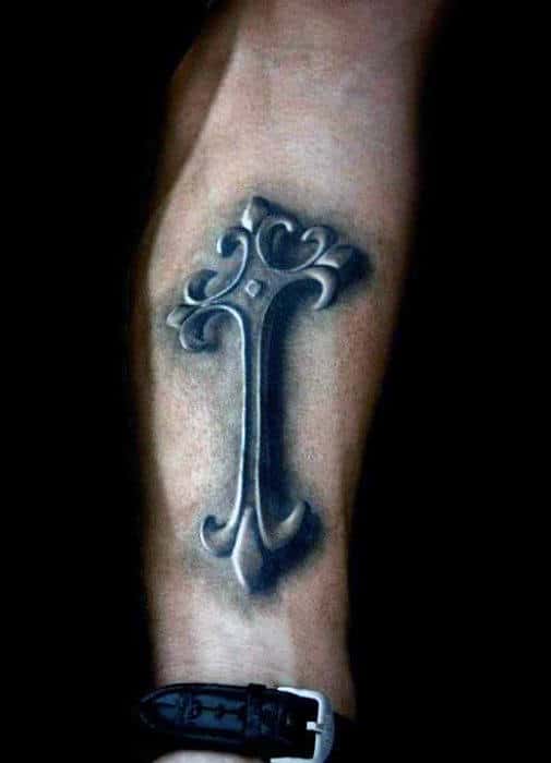 Inner Forearm Guys 3d Metal Cross Tattoo Ideas
