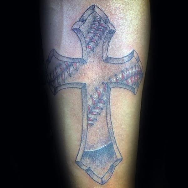 Inner Forearm Guys Baseball Cross Tattoos