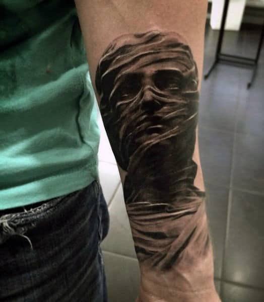 Inner Forearm Guys Realistic 3d Mummy Tattoo Design Inspiration