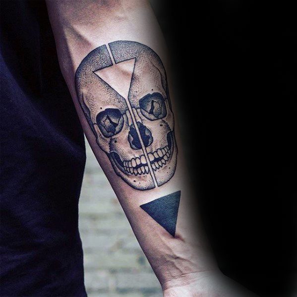 Inner Forearm Guys Unique Skull With Triangles Tattoo
