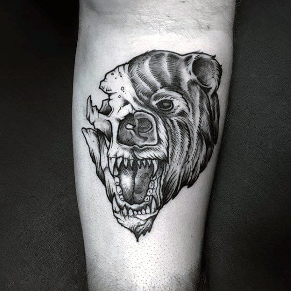 Inner Forearm Half Bear Skull Tattoos For Men