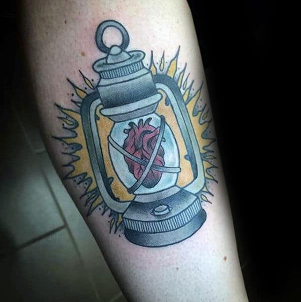 Inner Forearm Heart Inside Lantern Mens Traditional Tattoos