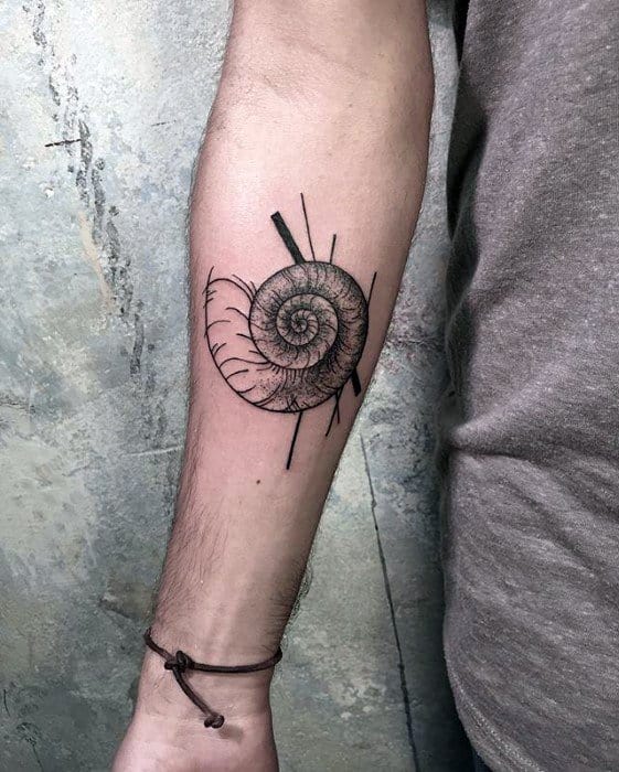 Inner Forearm Male Ammonite Tattoo Design Inspiration