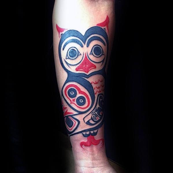 Inner Forearm Male Black And Red Ink Tribal Owls Tattoo