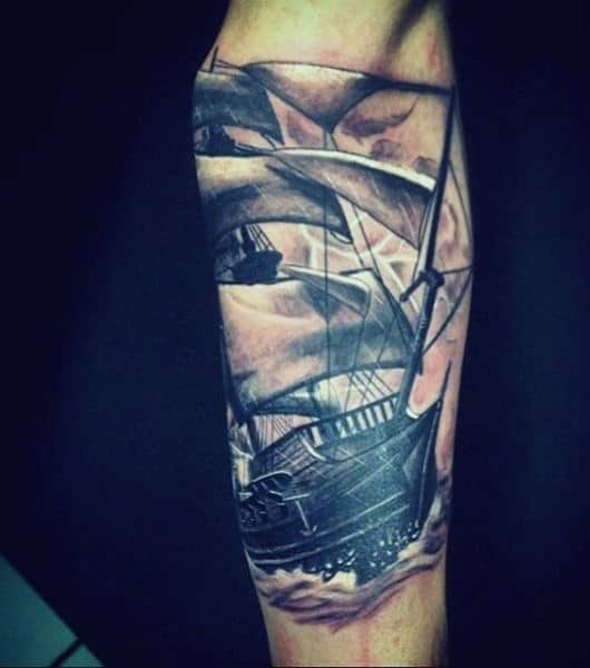 Inner Forearm Male Nautical Sailing Ship Shaded Ink Tattoo