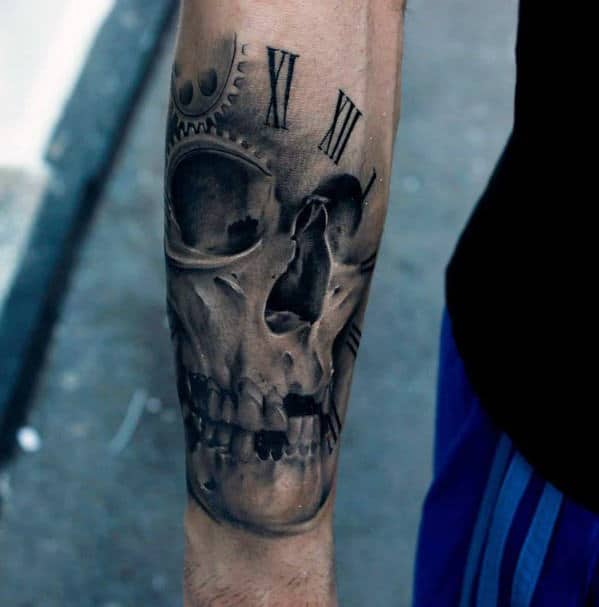 Inner Forearm Male Realistic Skull Roman Numerals Tattoo