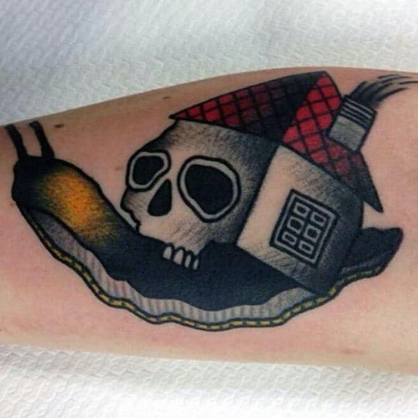 Inner Forearm Male With Cool Snail Skull And House Roof Tattoo Design