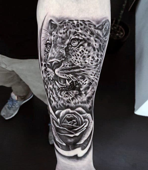 Inner Forearm Mens Cheetah Rose Flower Shaded Tattoos