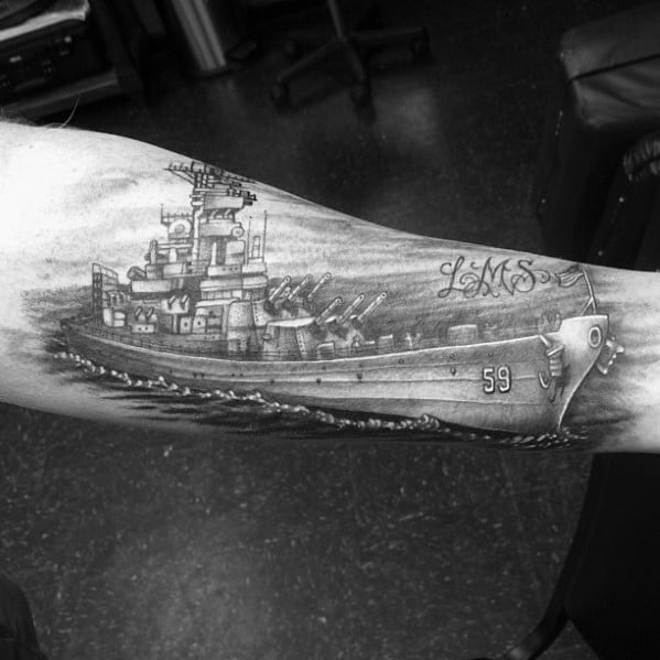 Tattoo of a battleship and "LMS" initials etched on a forearm with the number 59 on the ship