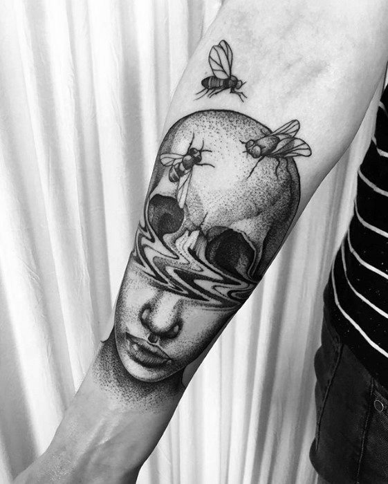 Glitch tattoo of a skull merging into a woman's face with swirling distortion, surrounded by detailed bees for a surreal, symbolic look