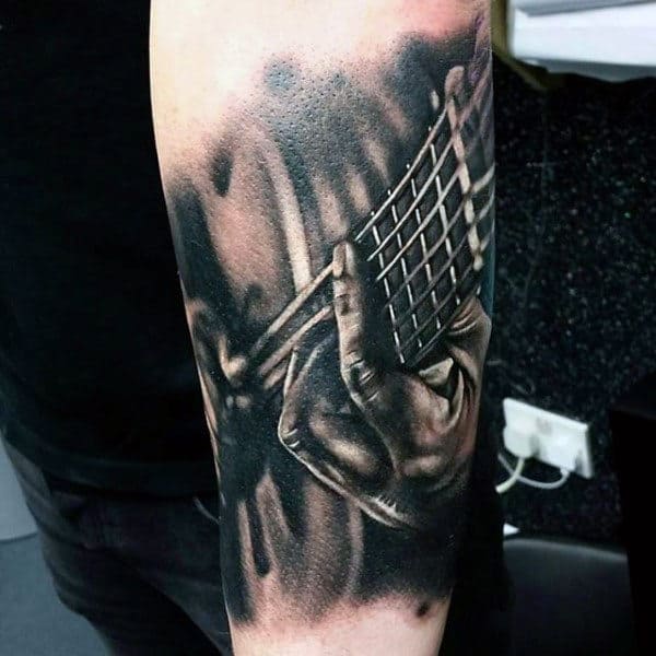 Inner Forearm Mens Music Strumming Guitar Tattoos Designs