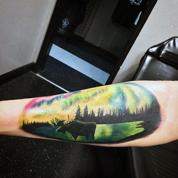 Inner Forearm Mens Northern Lights Moose Tattoos
