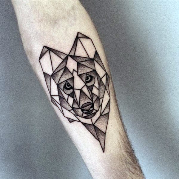 Inner Forearm Mens Shaded Dotwork Geometric Wolf Tattoo Inspiration