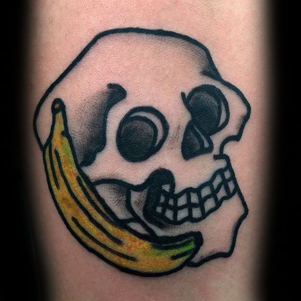 Inner Forearm Mens Skull Banana Tattoo Design Inspiration