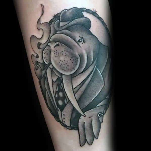 Inner Forearm Mens Walrus Wearing Business Suit Tattoo Design Ideas