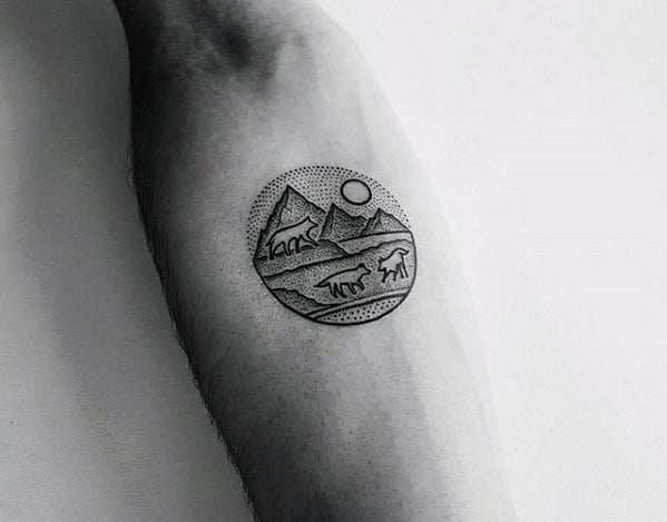 Inner Forearm Mountains Mens Quarter Sized Tattoo