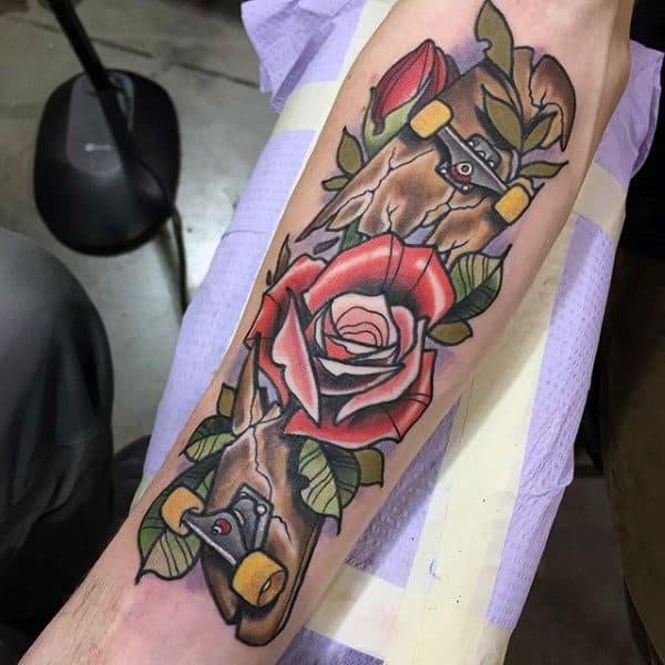 Inner Forearm Neo Traditional Male Skateboarding Tattoos With Rose Flowers