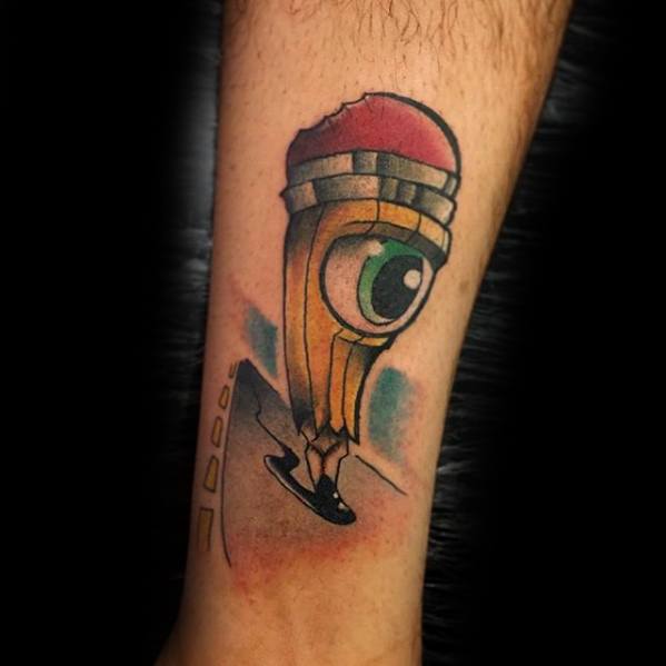 A tattoo of a skateboard delicately sketched with pencil-like precision, featuring an eye-catching eyeball and a striking red dome, adorns the person's forearm