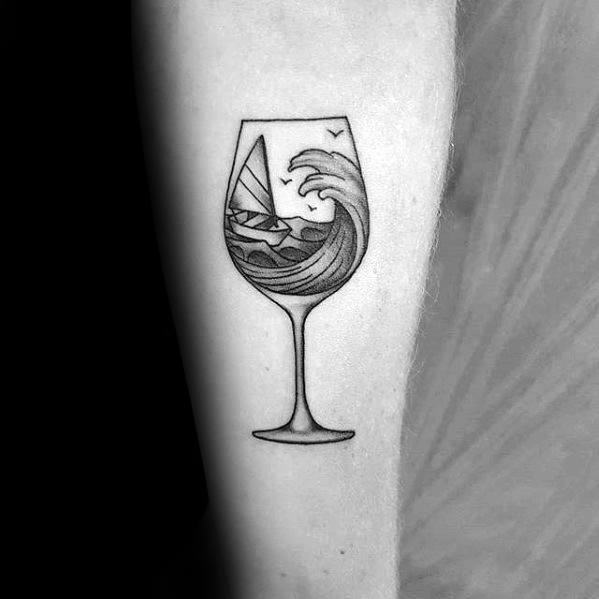 Inner Forearm Ocean Wave Sailboat Wine Tattoos For Gentlemen