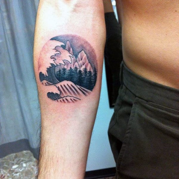 Inner Forearm Ocean Waves Mountain Male Circle Tattoos