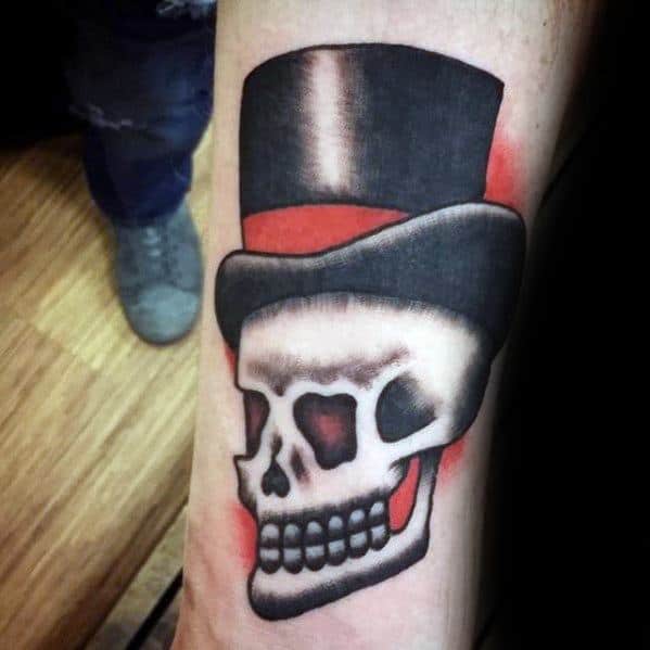 Inner Forearm Old School Traditional Red And Black Ink Small Guys Top Hat Tattoos