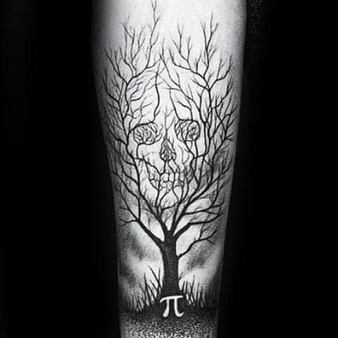 Black and grey tattoo of a tree with bare branches forming a hidden skull, featuring the pi symbol at the base, symbolizing life, death, and knowledge.