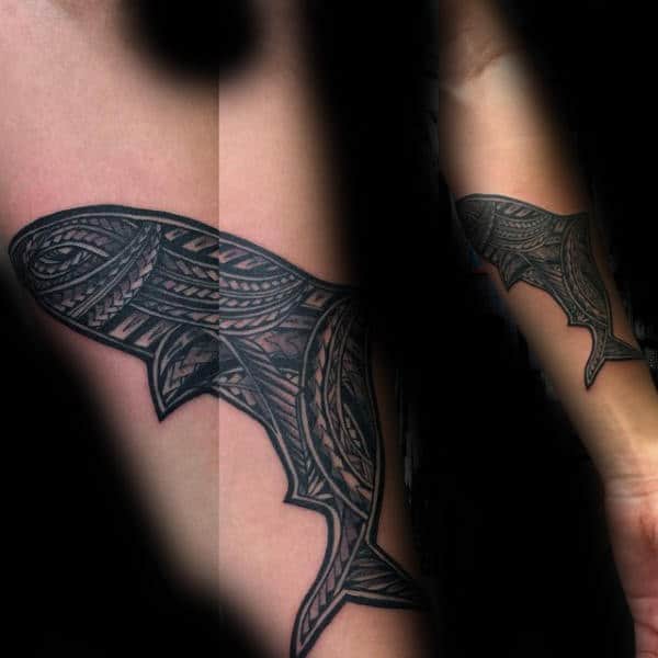 Inner Forearm Polynesian Tribal Shark Tattoo On Man