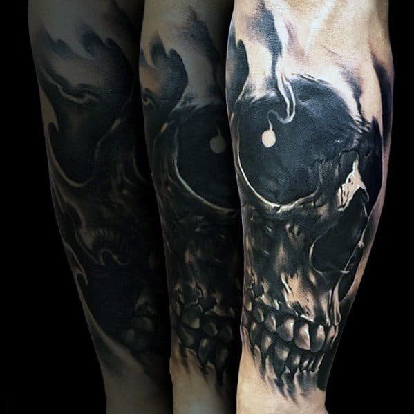 Inner Forearm Realistic Black And Grey Ink Mens Shaded Skull Tattoo