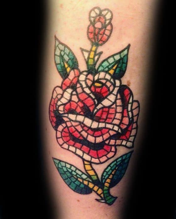 Inner Forearm Rose Flower Mosaic Tattoo Design On Man