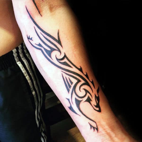 Inner Forearm Running Tribal Wolf Male Tattoos