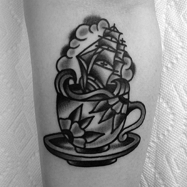 Inner Forearm Sailing Ship Coffee Cup Male Tattoo Designs