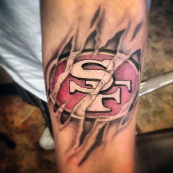 Inner Forearm San Francisco 49ers Ripped Skin Guys Tattoos