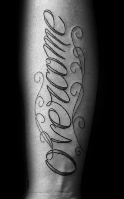 Inner Forearm Script Cool Male Overcome Tattoo Designs