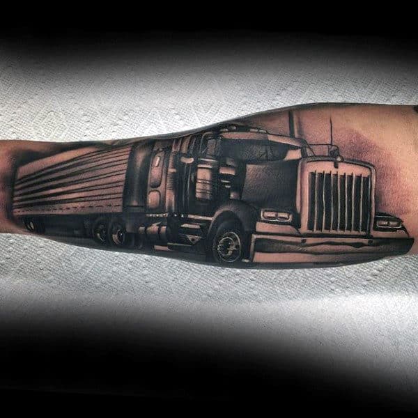 Inner Forearm Semi Truck Shaded Black And Grey Ink Tattoos For Males