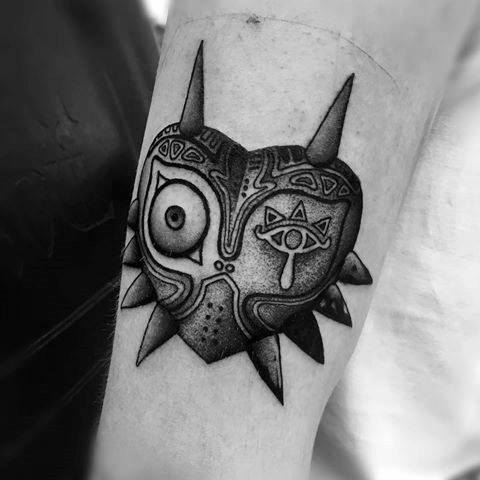 Inner Forearm Shaded Artistic Male Majoras Mask Tattoo Ideas