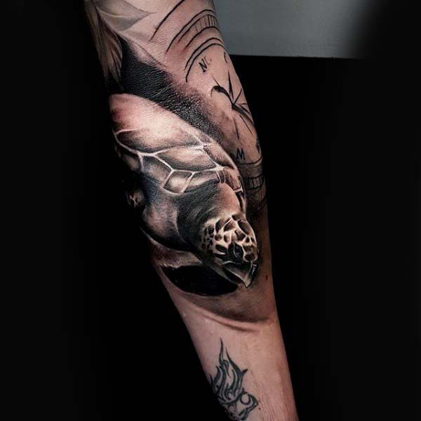 Inner Forearm Shaded Black And Grey Ink Turtle Tattoo For Men